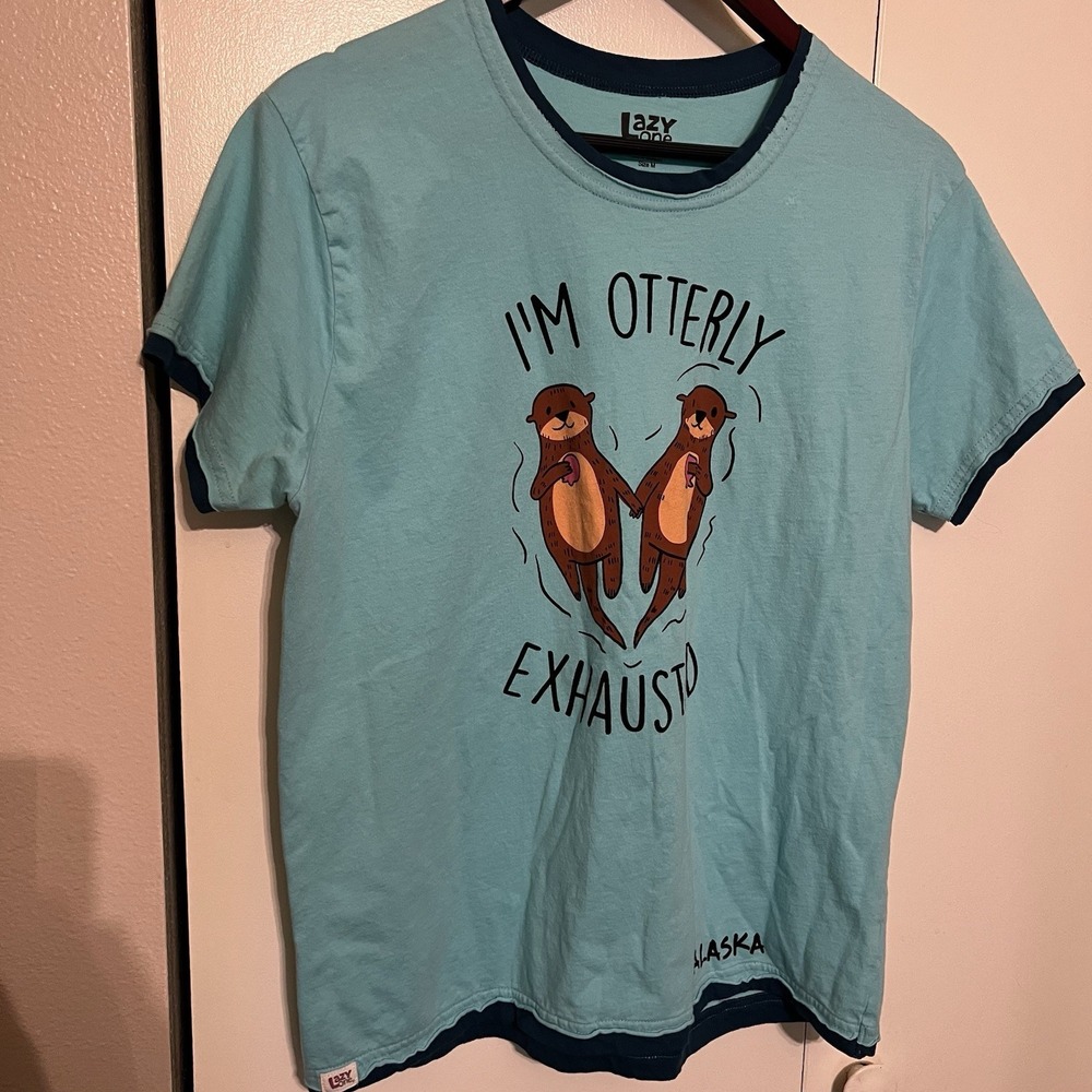 Lazy One Alaska "I'm Otterly Exhausted" Ringer Tee Cozy Lounge Shirt - Size M